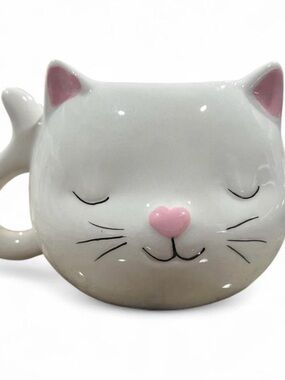 Lot of 3 White Cat Ceramic Mug with Pink Accents - Pets Cat